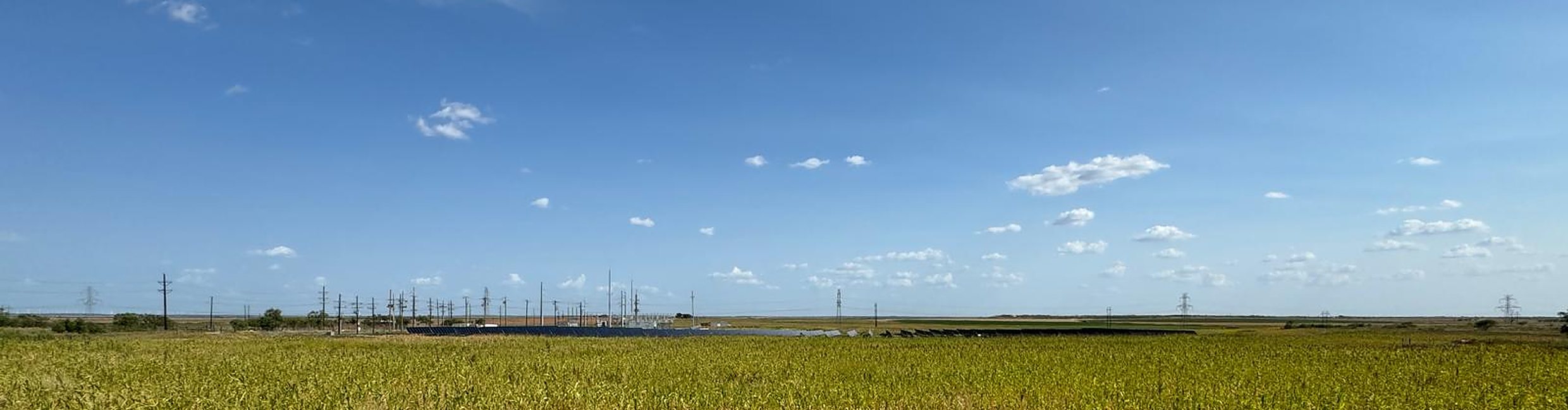 Field at the Iron Horse property in Mitchell County, Texas, with a substation and solar array on the horizon
